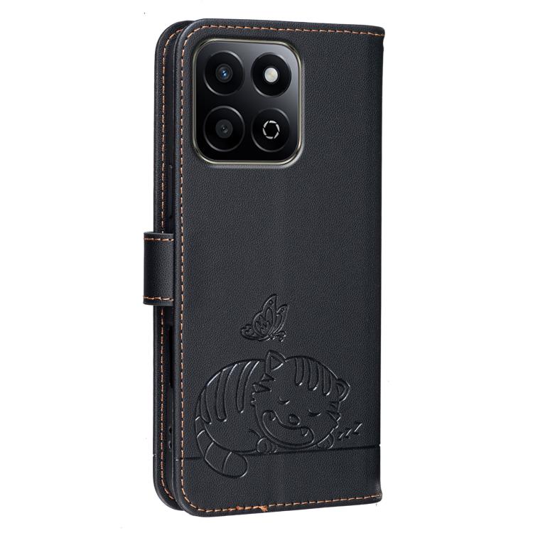 For Honor 200 Smart 5G / X7c 4G Cat Butterfly Embossed RFID Vegan Leather Phone Case with Strap