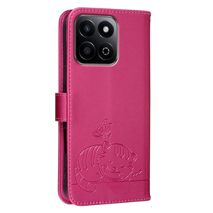 For Honor 200 Smart 5G / X7c 4G Cat Butterfly Embossed RFID Vegan Leather Phone Case with Strap