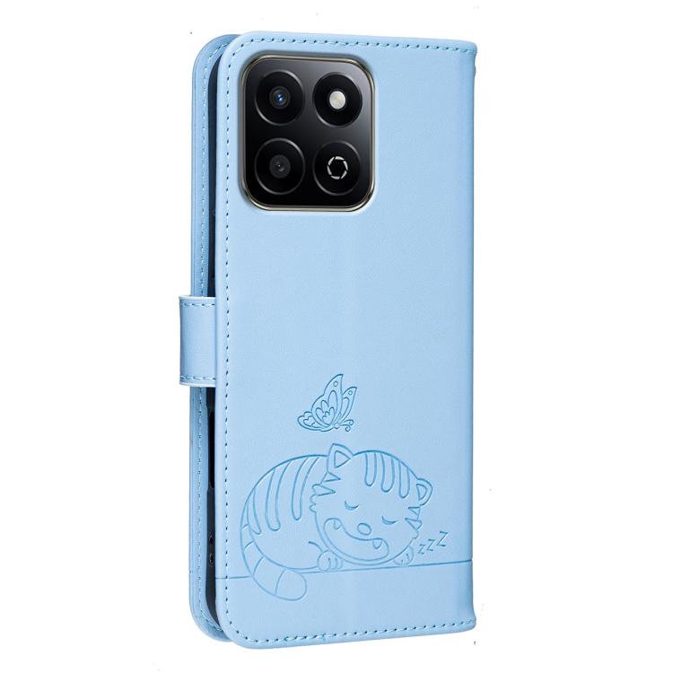 For Honor 200 Smart 5G / X7c 4G Cat Butterfly Embossed RFID Vegan Leather Phone Case with Strap