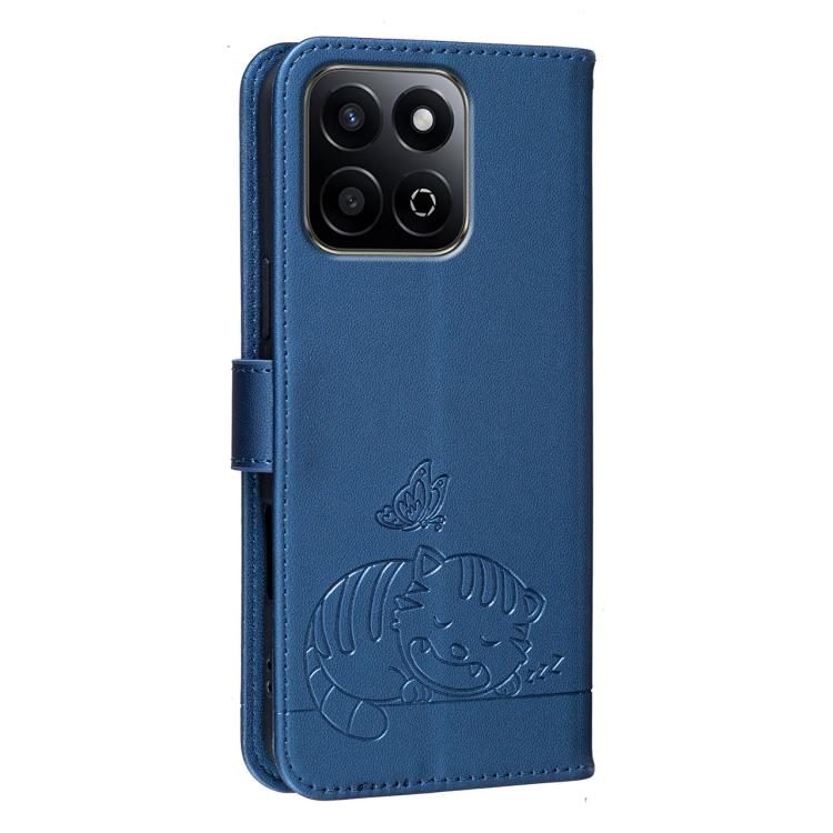 For Honor 200 Smart 5G / X7c 4G Cat Butterfly Embossed RFID Vegan Leather Phone Case with Strap