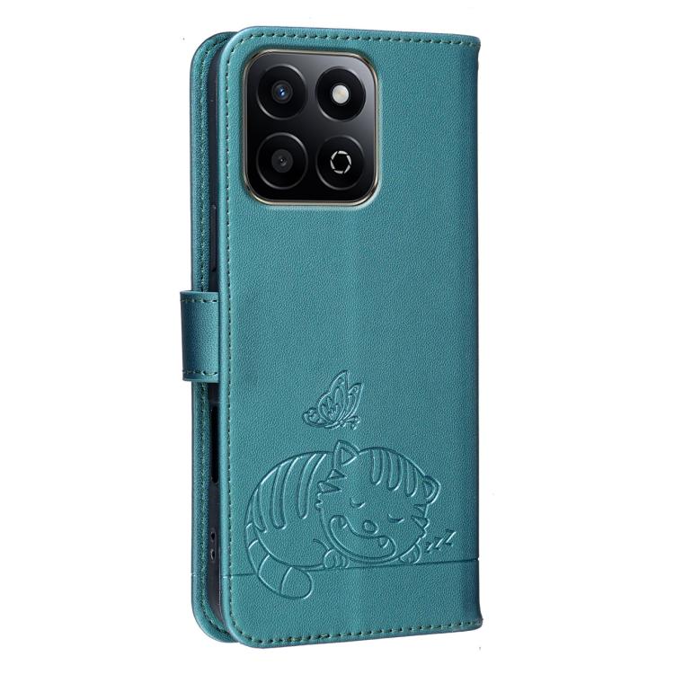 For Honor 200 Smart 5G / X7c 4G Cat Butterfly Embossed RFID Vegan Leather Phone Case with Strap