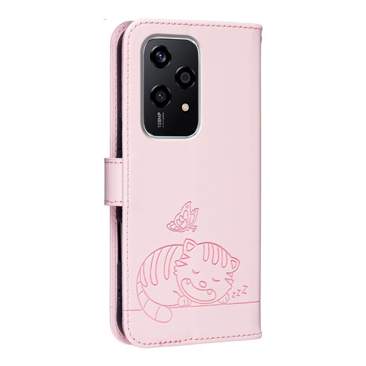 For Honor 200 Lite Global Cat Butterfly Embossed RFID Vegan Leather Phone Case with Strap