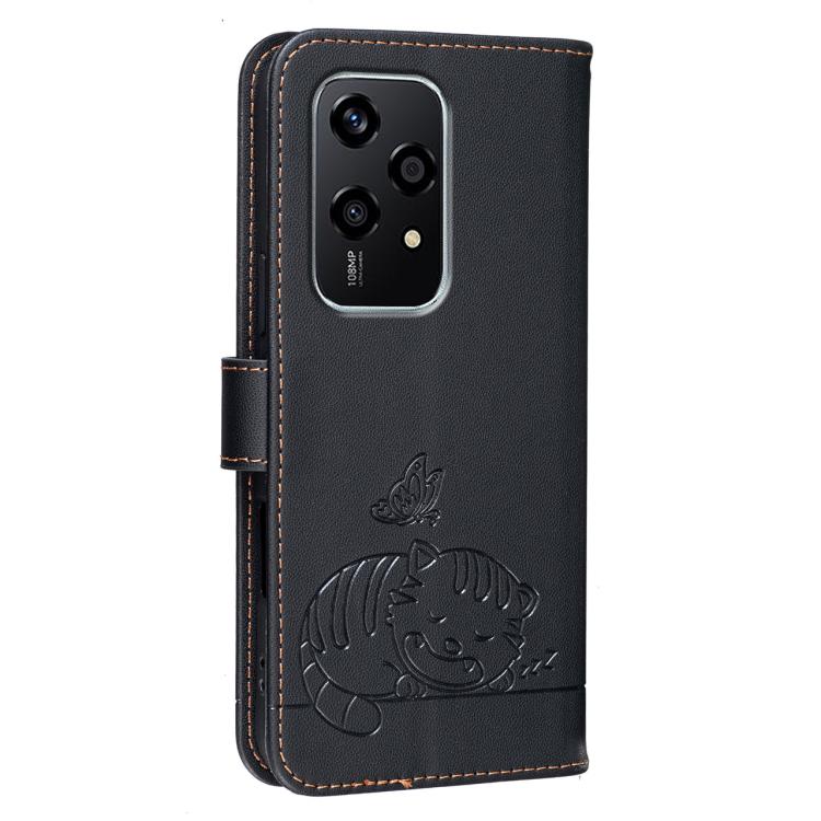 For Honor 200 Lite Global Cat Butterfly Embossed RFID Vegan Leather Phone Case with Strap