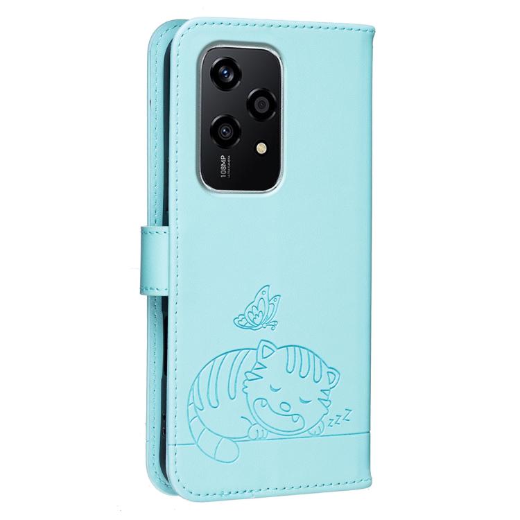 For Honor 200 Lite Global Cat Butterfly Embossed RFID Vegan Leather Phone Case with Strap