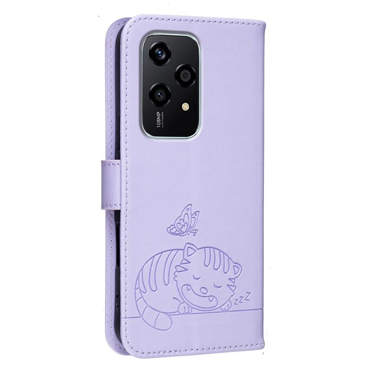 For Honor 200 Lite Global Cat Butterfly Embossed RFID Vegan Leather Phone Case with Strap