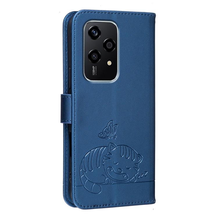 For Honor 200 Lite Global Cat Butterfly Embossed RFID Vegan Leather Phone Case with Strap
