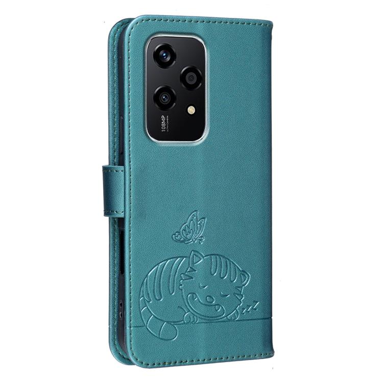 For Honor 200 Lite Global Cat Butterfly Embossed RFID Vegan Leather Phone Case with Strap