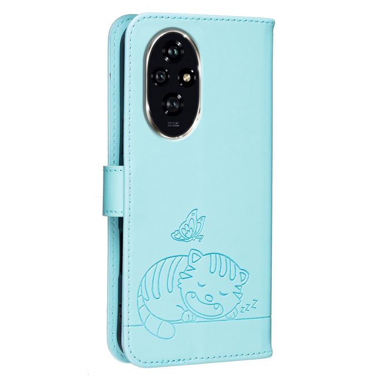 For Honor 200 Pro Cat Butterfly Embossed RFID Vegan Leather Phone Case with Strap