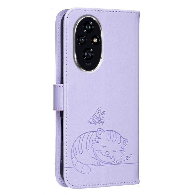 For Honor 200 Pro Cat Butterfly Embossed RFID Vegan Leather Phone Case with Strap