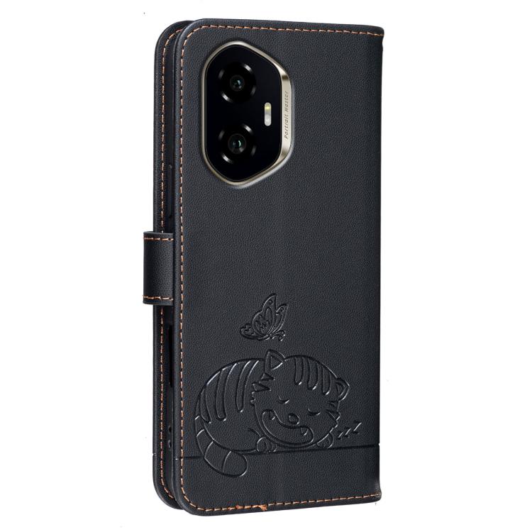 For Honor 300 Cat Butterfly Embossed RFID Vegan Leather Phone Case with Strap
