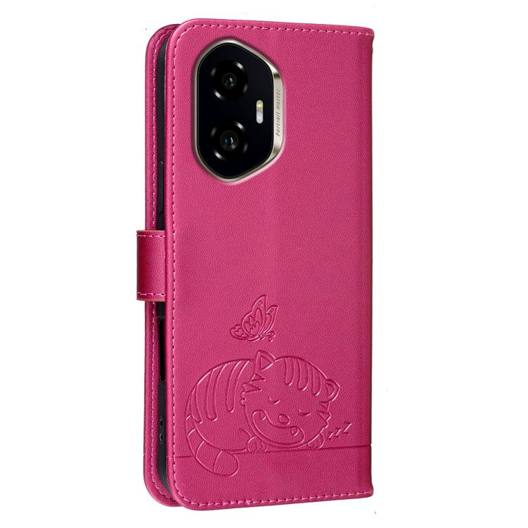 For Honor 300 Cat Butterfly Embossed RFID Vegan Leather Phone Case with Strap