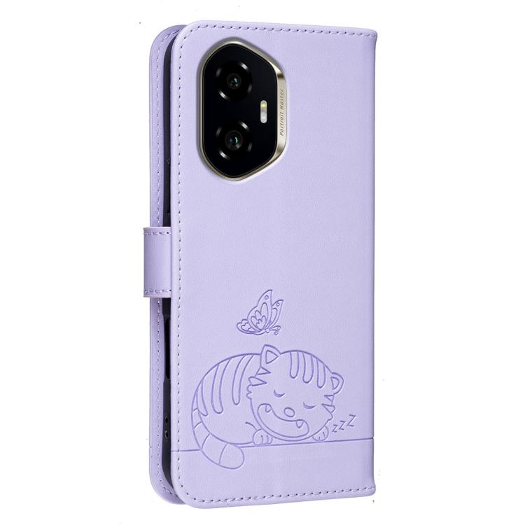 For Honor 300 Cat Butterfly Embossed RFID Vegan Leather Phone Case with Strap