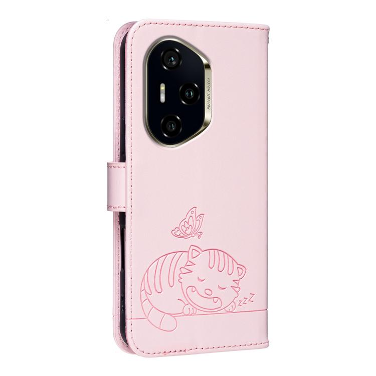 For Honor 300 Pro / 300 Ultra Cat Butterfly Embossed RFID Vegan Leather Phone Case with Strap