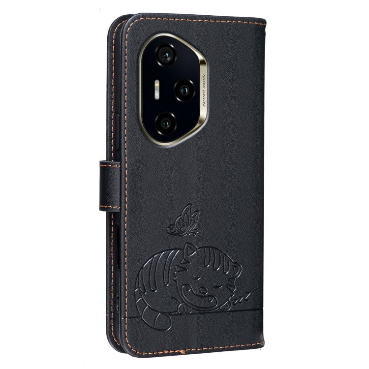 For Honor 300 Pro / 300 Ultra Cat Butterfly Embossed RFID Vegan Leather Phone Case with Strap