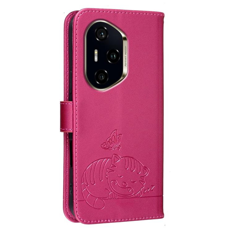 For Honor 300 Pro / 300 Ultra Cat Butterfly Embossed RFID Vegan Leather Phone Case with Strap