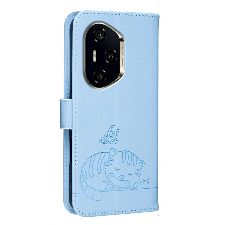 For Honor 300 Pro / 300 Ultra Cat Butterfly Embossed RFID Vegan Leather Phone Case with Strap