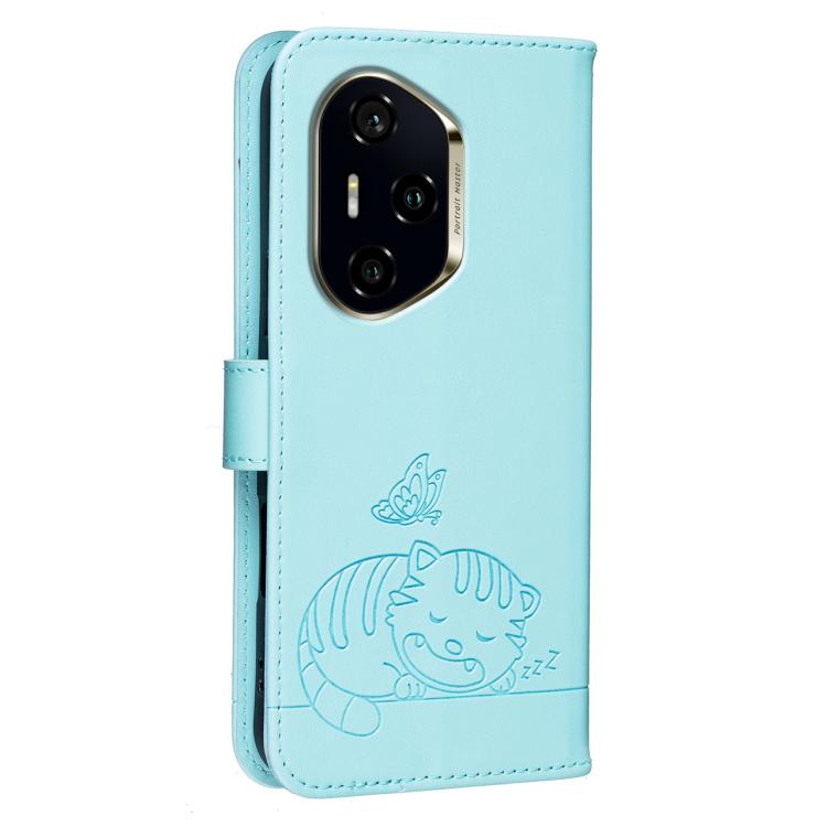 For Honor 300 Pro / 300 Ultra Cat Butterfly Embossed RFID Vegan Leather Phone Case with Strap