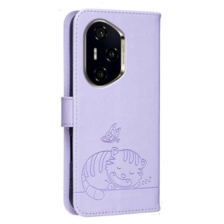 For Honor 300 Pro / 300 Ultra Cat Butterfly Embossed RFID Vegan Leather Phone Case with Strap