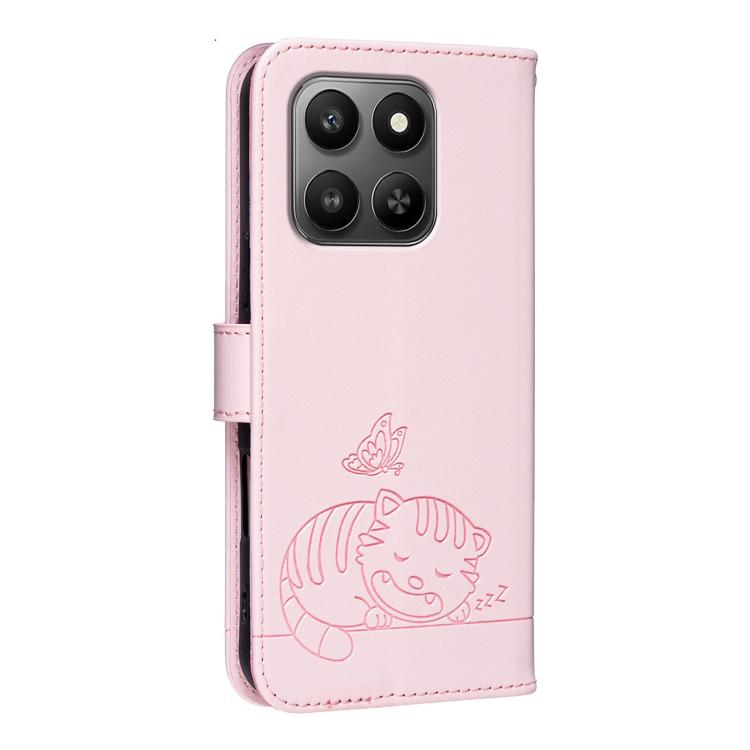 For Honor 400 Smart / X7d 4G / 5G Cat Butterfly Embossed RFID Vegan Leather Phone Case with Strap