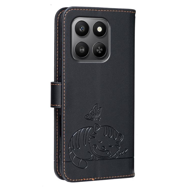 For Honor 400 Smart / X7d 4G / 5G Cat Butterfly Embossed RFID Vegan Leather Phone Case with Strap