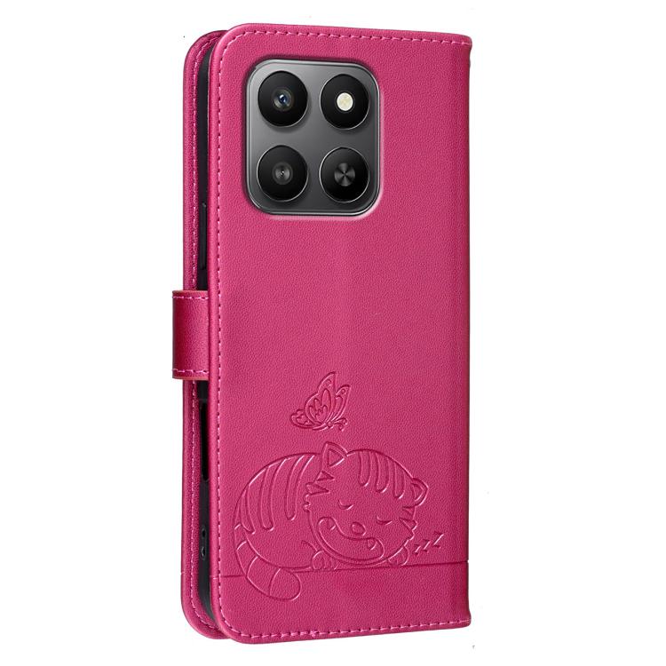 For Honor 400 Smart / X7d 4G / 5G Cat Butterfly Embossed RFID Vegan Leather Phone Case with Strap