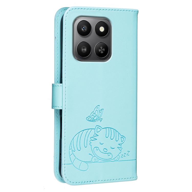 For Honor 400 Smart / X7d 4G / 5G Cat Butterfly Embossed RFID Vegan Leather Phone Case with Strap