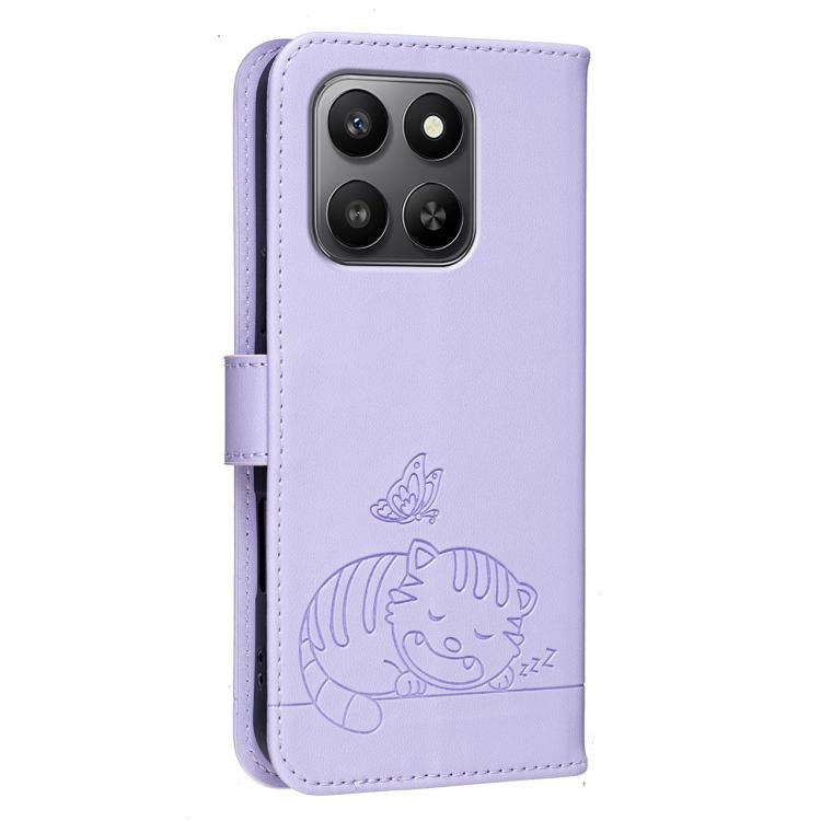 For Honor 400 Smart / X7d 4G / 5G Cat Butterfly Embossed RFID Vegan Leather Phone Case with Strap