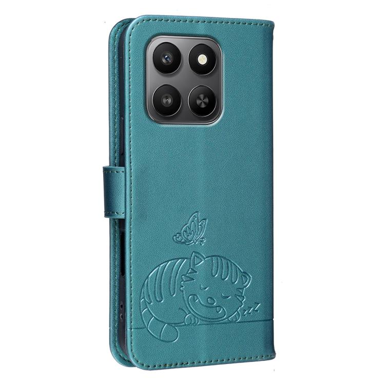 For Honor 400 Smart / X7d 4G / 5G Cat Butterfly Embossed RFID Vegan Leather Phone Case with Strap