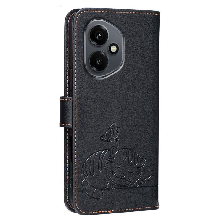 For Honor 400 Global 156.5mm Cat Butterfly Embossed RFID Vegan Leather Phone Case with Strap