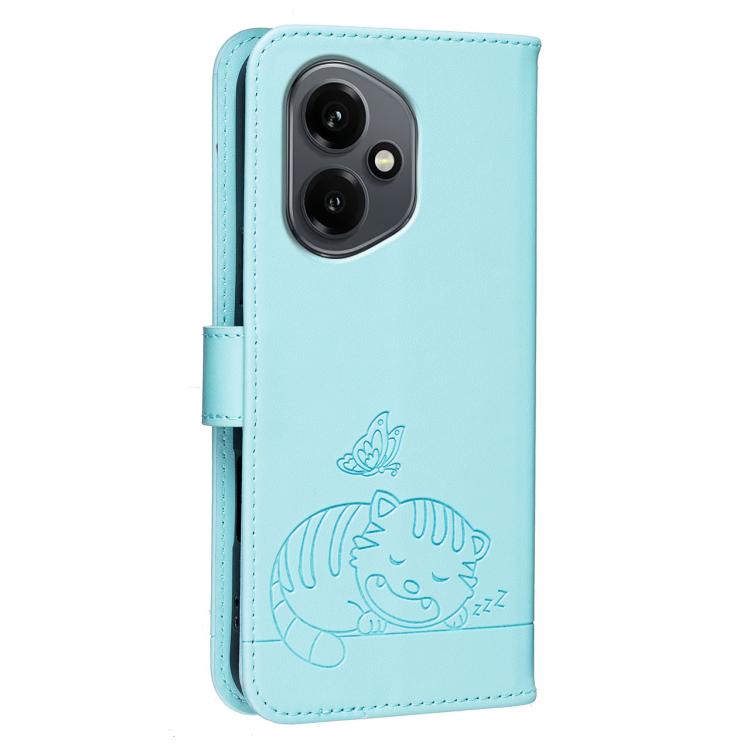 For Honor 400 Global 156.5mm Cat Butterfly Embossed RFID Vegan Leather Phone Case with Strap