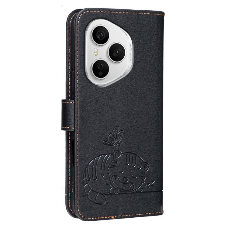For Honor 400 Pro Global 160.8mm Cat Butterfly Embossed RFID Vegan Leather Phone Case with Strap