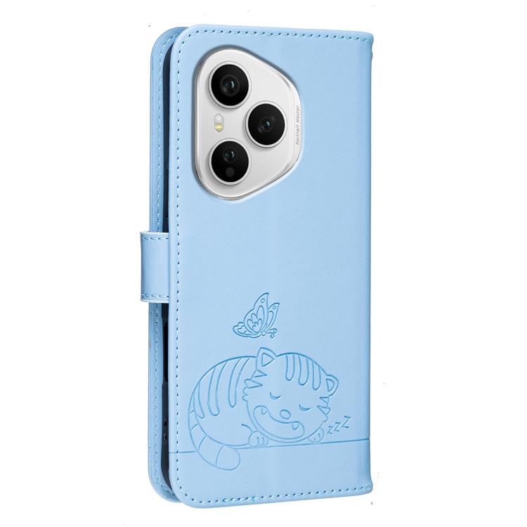 For Honor 400 Pro Global 160.8mm Cat Butterfly Embossed RFID Vegan Leather Phone Case with Strap