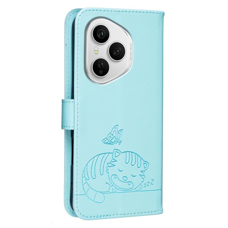 For Honor 400 Pro Global 160.8mm Cat Butterfly Embossed RFID Vegan Leather Phone Case with Strap
