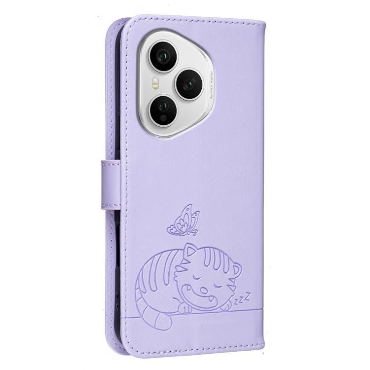 For Honor 400 Pro Global 160.8mm Cat Butterfly Embossed RFID Vegan Leather Phone Case with Strap