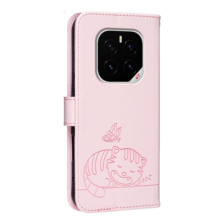 For Honor GT Pro Cat Butterfly Embossed RFID Vegan Leather Phone Case with Strap