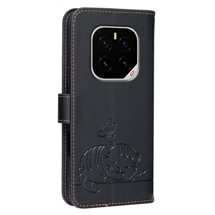 For Honor GT Pro Cat Butterfly Embossed RFID Vegan Leather Phone Case with Strap