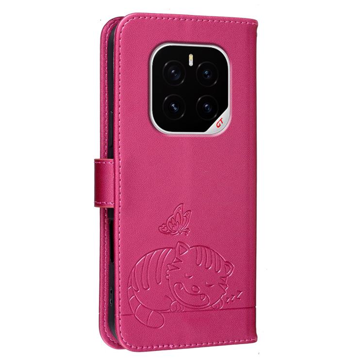 For Honor GT Pro Cat Butterfly Embossed RFID Vegan Leather Phone Case with Strap