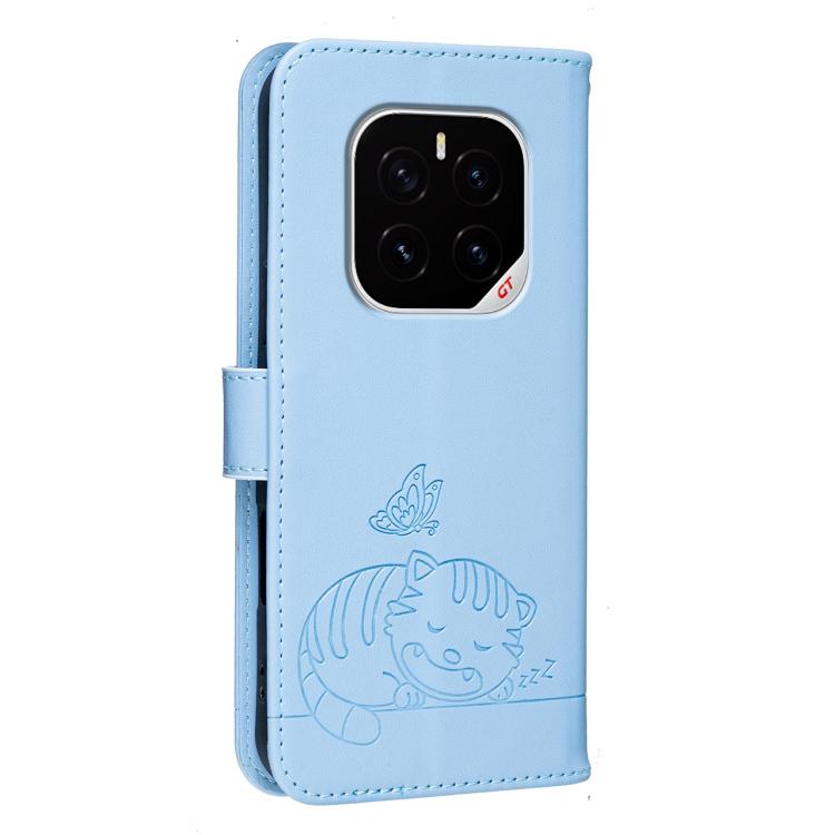 For Honor GT Pro Cat Butterfly Embossed RFID Vegan Leather Phone Case with Strap