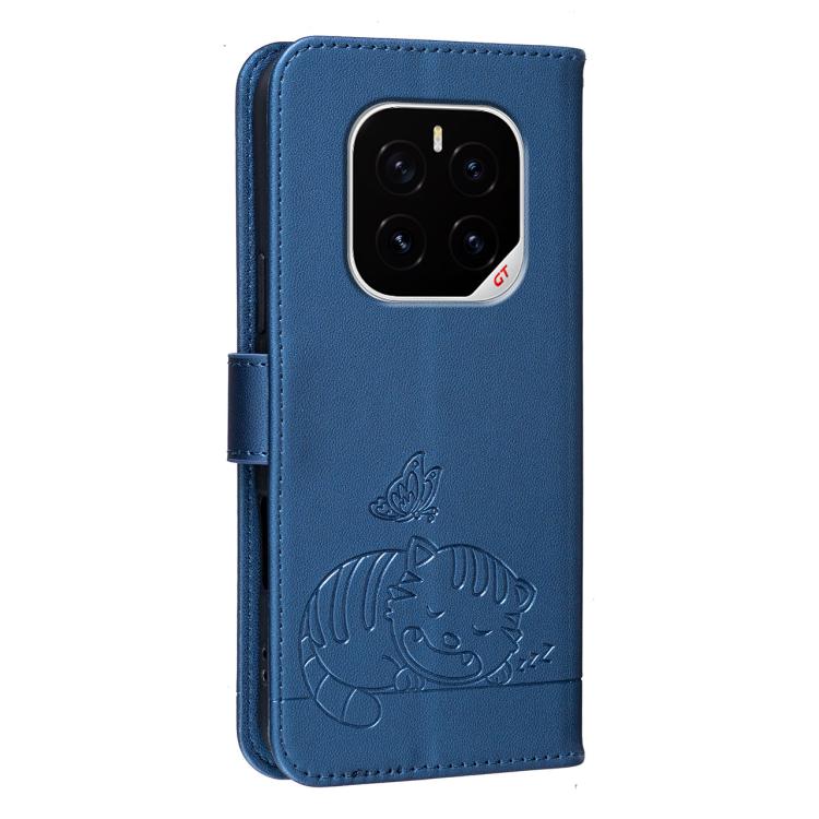 For Honor GT Pro Cat Butterfly Embossed RFID Vegan Leather Phone Case with Strap