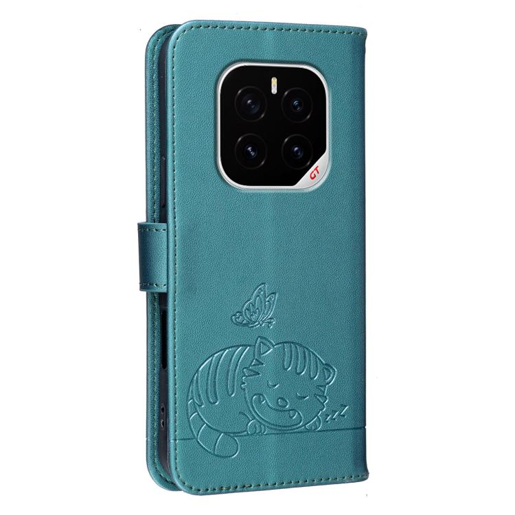 For Honor GT Pro Cat Butterfly Embossed RFID Vegan Leather Phone Case with Strap