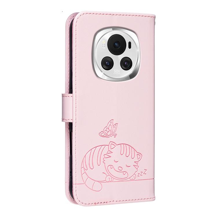 For Honor Magic6 Cat Butterfly Embossed RFID Vegan Leather Phone Case with Strap
