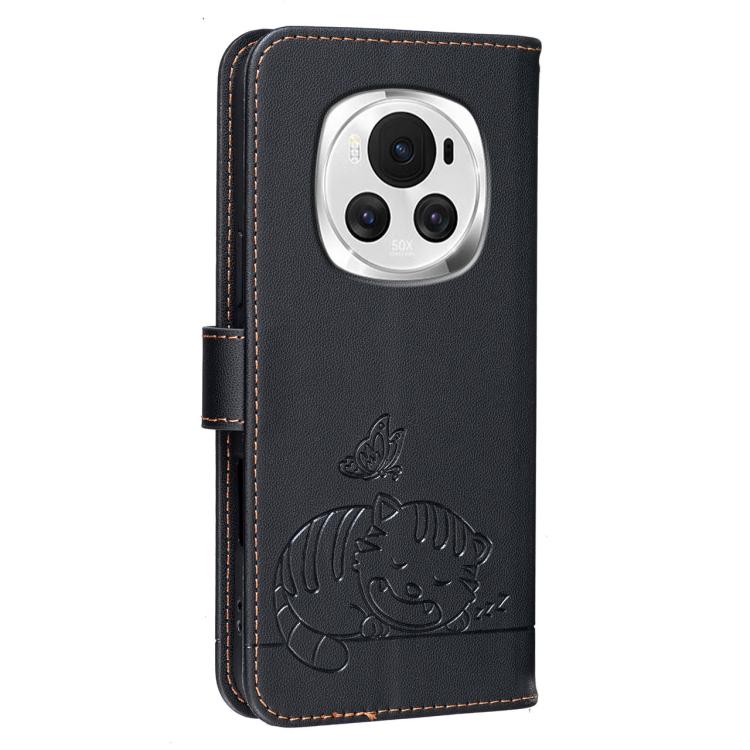 For Honor Magic6 Cat Butterfly Embossed RFID Vegan Leather Phone Case with Strap