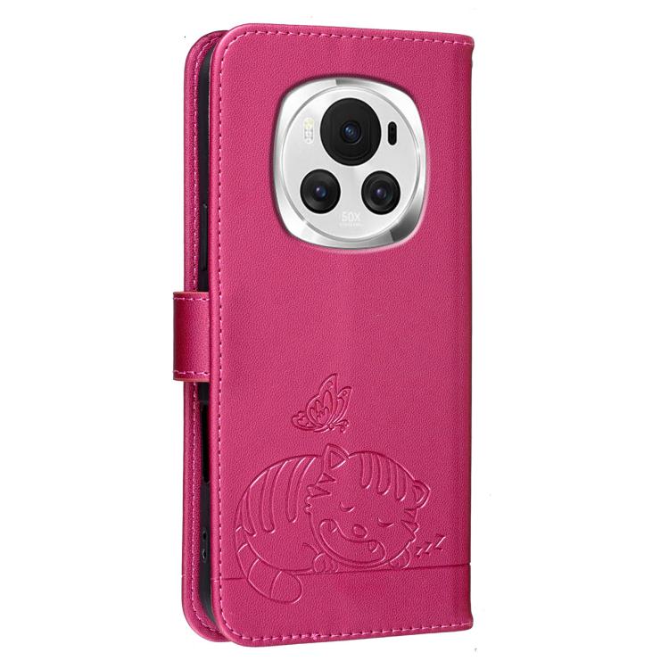 For Honor Magic6 Cat Butterfly Embossed RFID Vegan Leather Phone Case with Strap