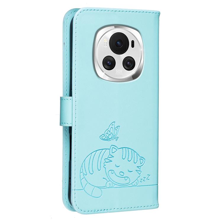 For Honor Magic6 Cat Butterfly Embossed RFID Vegan Leather Phone Case with Strap
