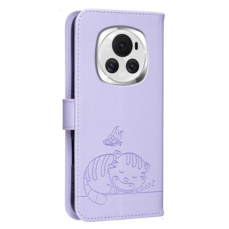 For Honor Magic6 Cat Butterfly Embossed RFID Vegan Leather Phone Case with Strap
