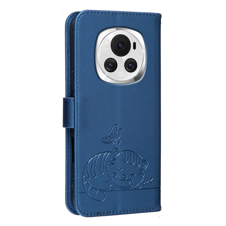For Honor Magic6 Cat Butterfly Embossed RFID Vegan Leather Phone Case with Strap