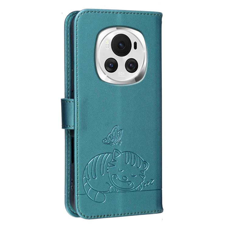 For Honor Magic6 Cat Butterfly Embossed RFID Vegan Leather Phone Case with Strap