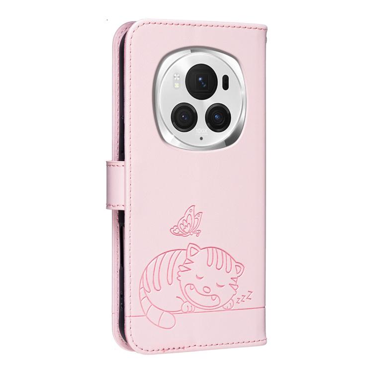 For Honor Magic6 Pro Cat Butterfly Embossed RFID Vegan Leather Phone Case with Strap