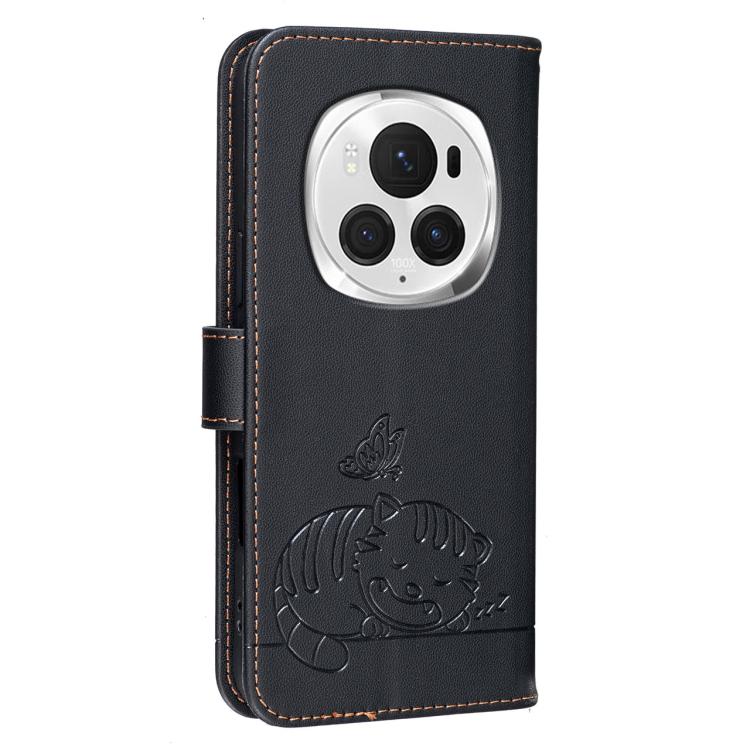 For Honor Magic6 Pro Cat Butterfly Embossed RFID Vegan Leather Phone Case with Strap