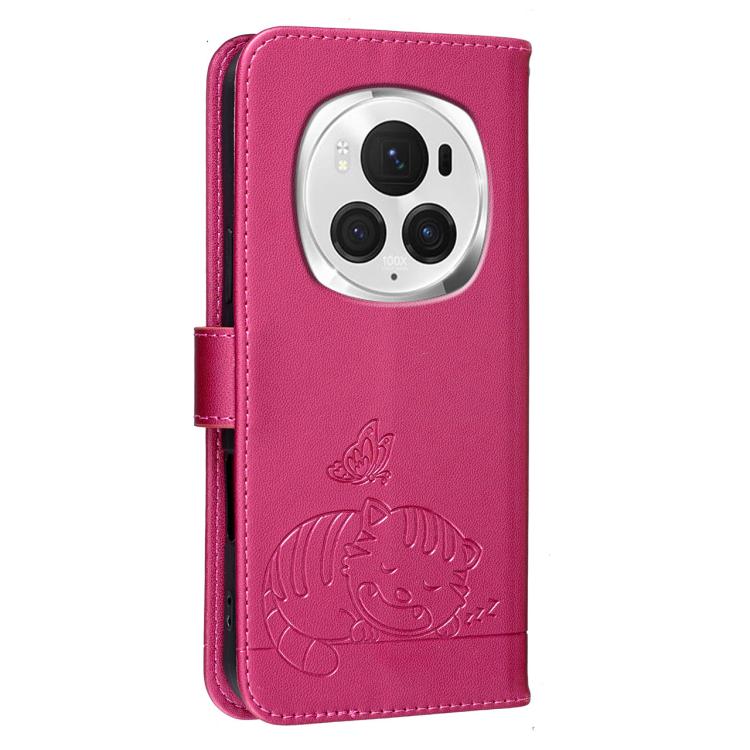 For Honor Magic6 Pro Cat Butterfly Embossed RFID Vegan Leather Phone Case with Strap